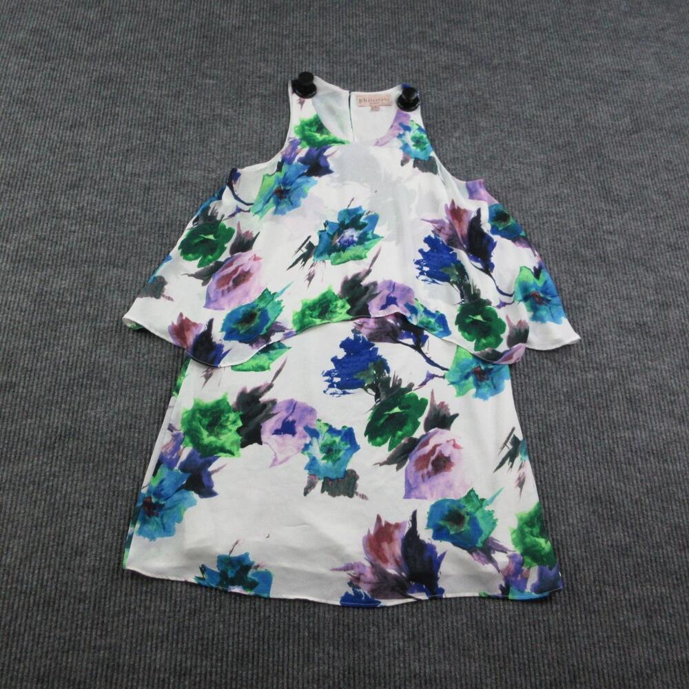 Philosophy Dress Womens 12 White Floral Tank Shift Lined Ruffle Party Cocktail